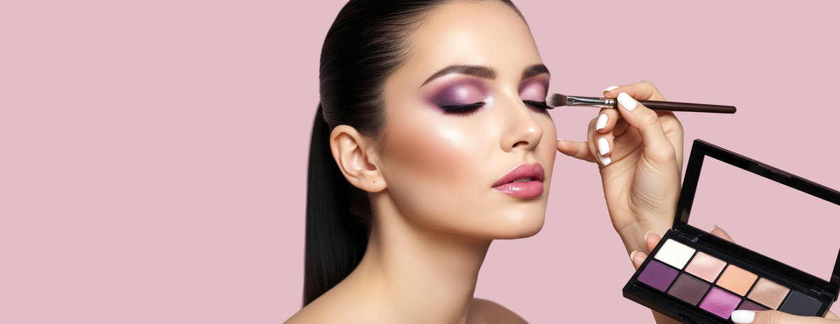 A close-up beauty shot of a woman with purple eyeshadow while a makeup artist applies more shadow to her eye using a brush. She holds an open eyeshadow palette with multiple shades, including purple, pink, and beige, against a solid light pink background.