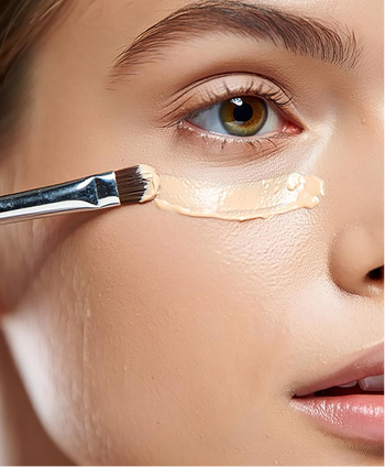 Close-up of a model's face with foundation being applied under the eye using a makeup brush.