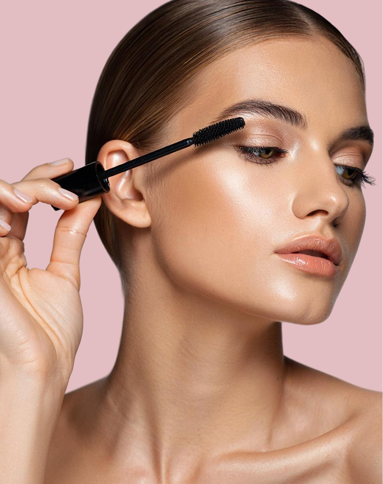 A close-up of a woman applying mascara with the wand held near her eye, set against a solid light pink background.5