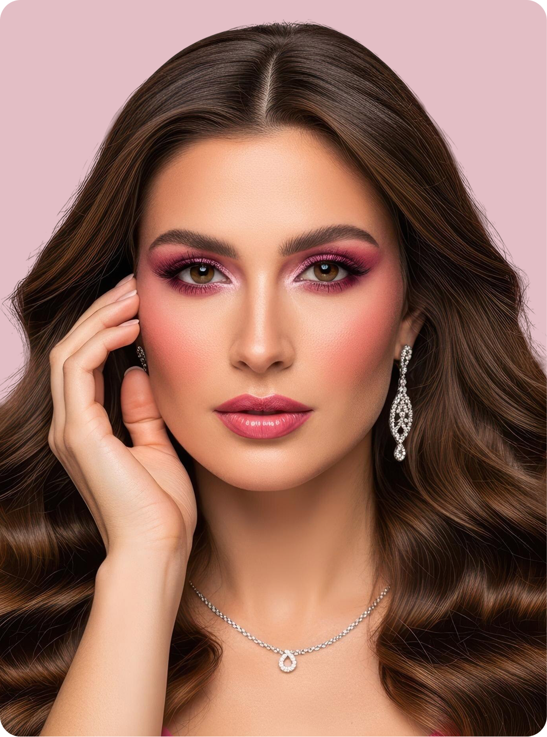 A close-up portrait of a woman with long wavy brown hair, wearing a silver teardrop necklace and matching silver drop earrings with sparkling clear stones, set against a solid light pink background.