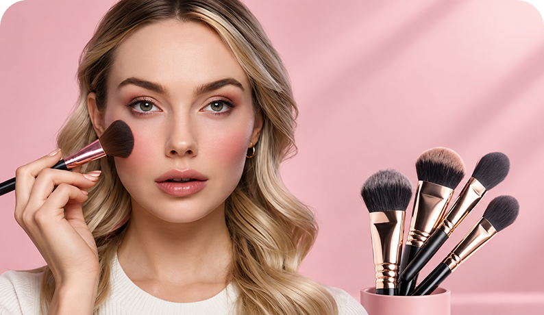 A blonde woman applies pink blush with a makeup brush while holding a set of makeup brushes in a pink cup against a soft pink background.