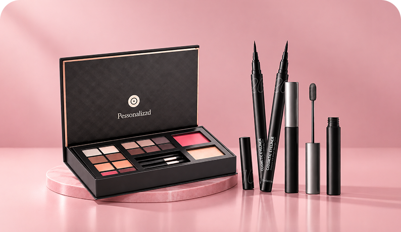 A personalized makeup set displayed on a pink pedestal, featuring an open black eyeshadow palette with gold accents and several black cosmetic tubes and pencils standing beside it against a soft pink background.