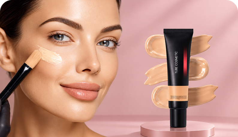 A cosmetic foundation tube labeled 'TUBE COSMETIC' stands on a pink pedestal against a soft pink background, with cream-colored foundation swatches arranged around it. A woman's face is shown on the left applying foundation with a brush.