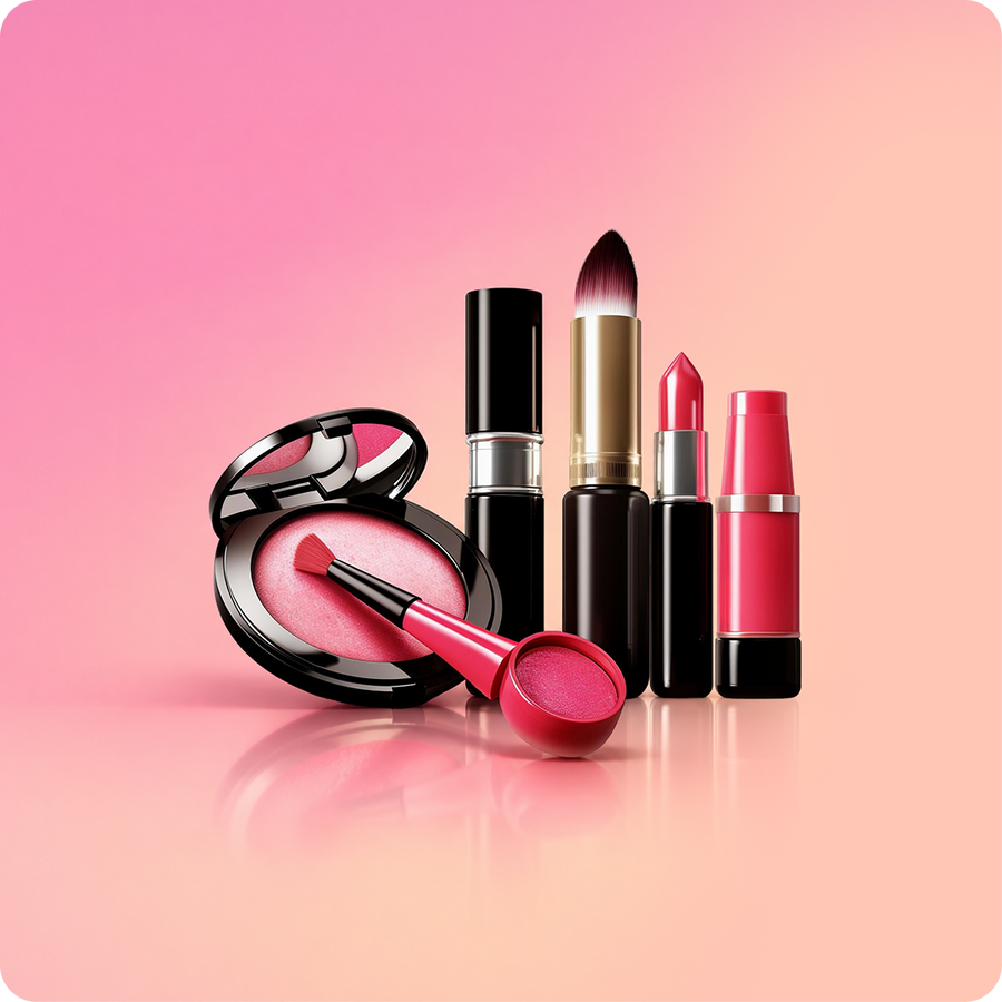 A group of pink and red cosmetics arranged on a glossy pink gradient surface, including two lipsticks, a compact powder with a brush, and a small makeup sponge. The products are styled cleanly with no people or real environment.