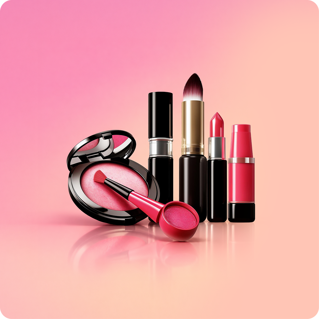 A group of pink and red cosmetics arranged on a glossy pink gradient surface, including two lipsticks, a compact powder with a brush, and a small makeup sponge. The products are styled cleanly with no people or real environment.