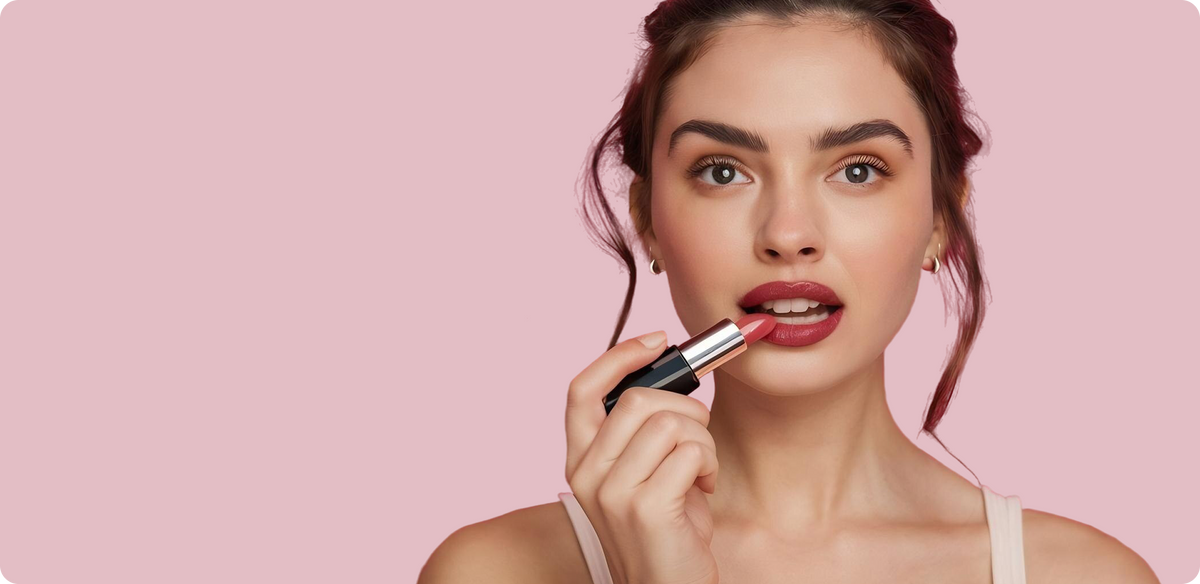 A woman with dark hair wearing a beige tank top applies a pink lipstick to her lips, set against a solid light pink background.