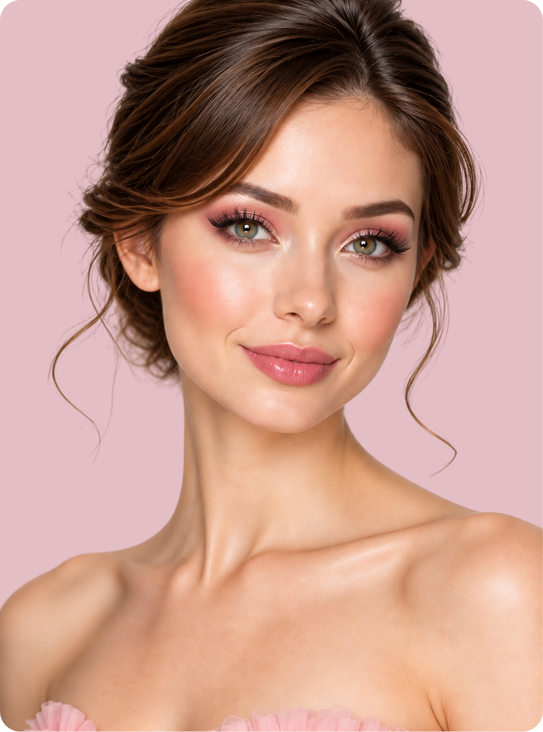 A close-up portrait of a woman with styled brown hair, pink eyeshadow, and pink lipstick against a solid light pink background.