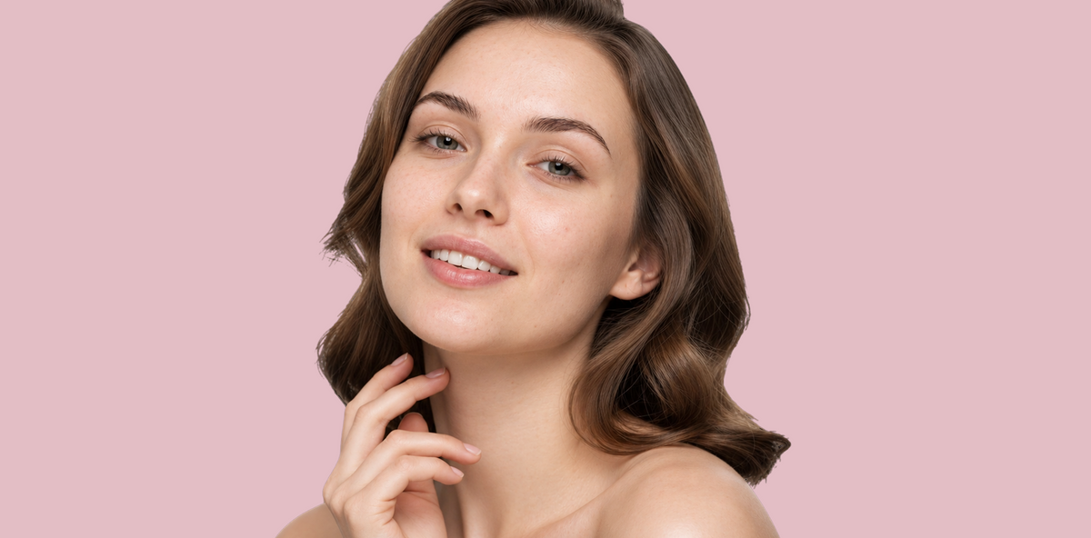 A close-up portrait of a smiling woman with shoulder-length brown hair, touching her neck, set against a solid light pink background.