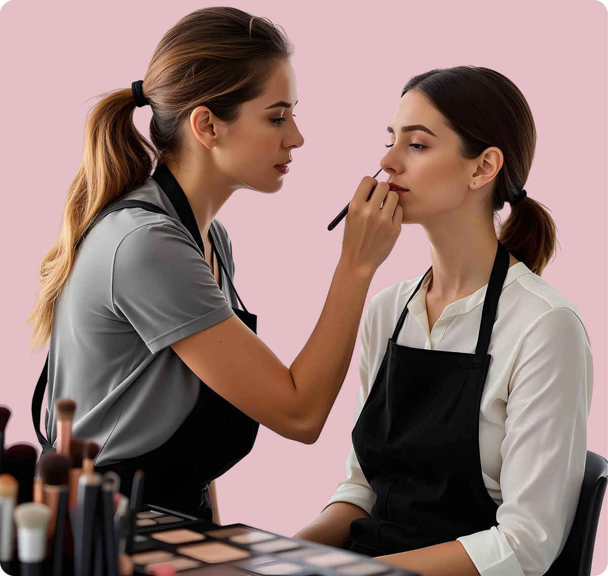 A makeup artist applies makeup to a model's face. The makeup artist is wearing a gray t-shirt and black apron, while the model wears a white shirt and black apron.