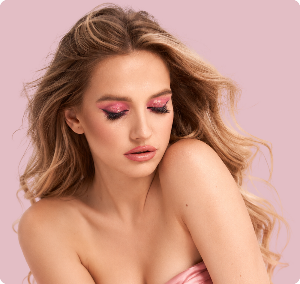 A close-up portrait of a woman with styled blonde hair, wearing pink glitter eyeshadow and a pink satin strapless top against a solid light pink background.
